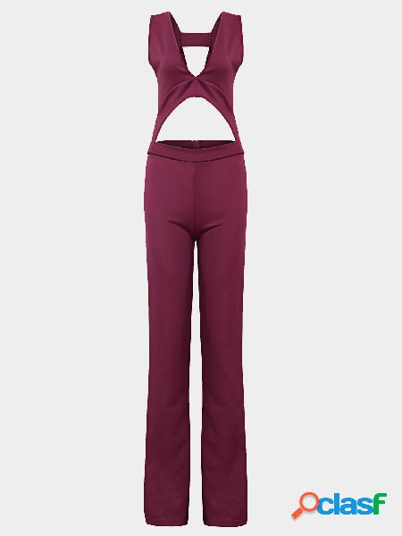 Burgundy Bodycon Low Cut V-neck Backless Jumpsuit