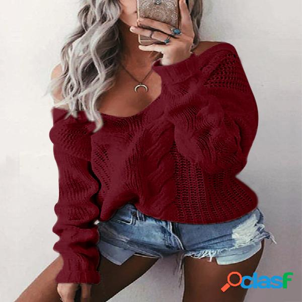 Burgundy V-neck Long Sleeves Causal Loose Jumper