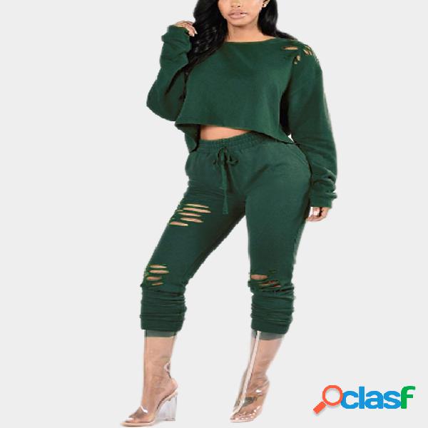 Dark Green Casual Ripped Round Neck Drawstring Waist Long