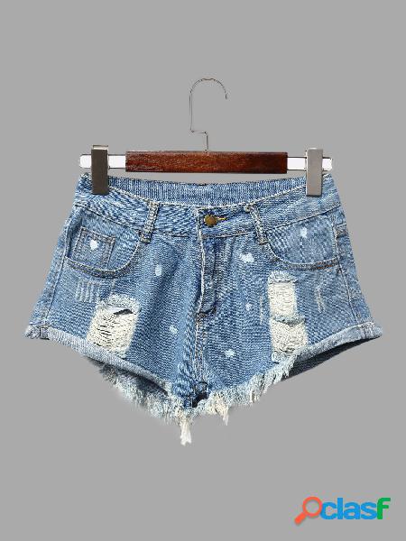 Fashion Irregular Paint Ripped Details Denim Hotpants