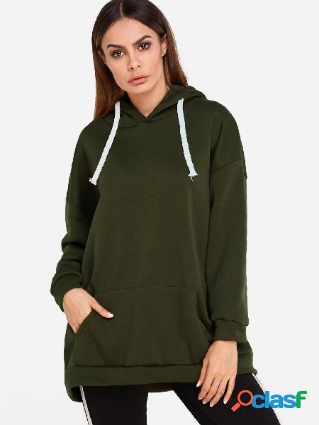 Green Hooded Design Plain Long Sleeves Hoodie With Slip