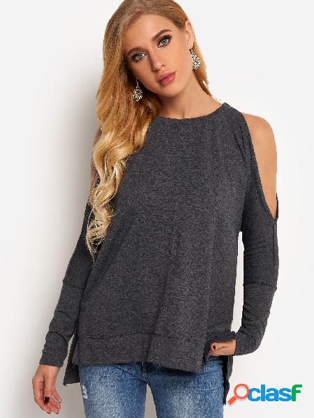 Grey Cold Shoulder Long Sleeves Slit Tee