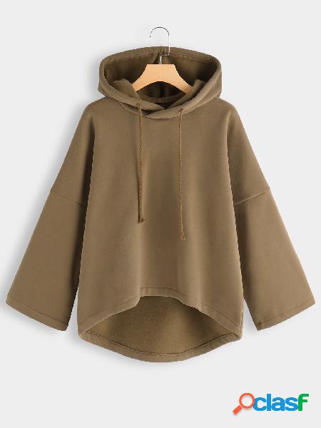 Khaki Curved Hem Pullover Drawstring Hoodie