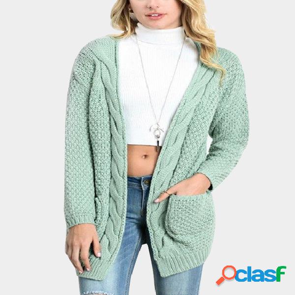 Light Green Side Pockets Long Sleeves Knitted Coat
