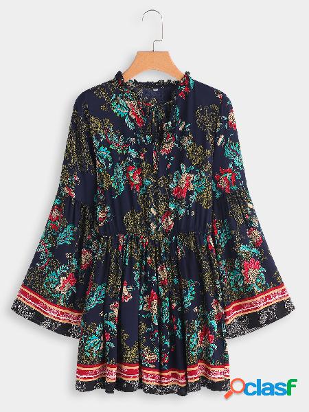 Navy Random Floral Print V-neck Bell Sleeves Stretch