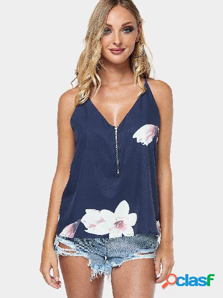 Navy Random Floral Print V-neck Cami with Zipper Design