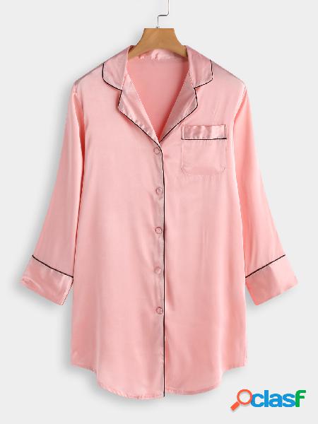 Pink Classic Collar Button & Pocket Design Long Sleeves