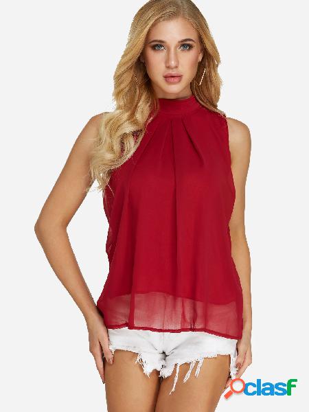 Red Box Pleat Stand Collar Sleeveless Tank Top