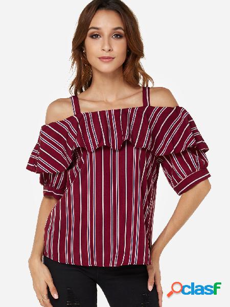 Red Flared design Stripe Cold Shoulder Short Sleeves Blouse