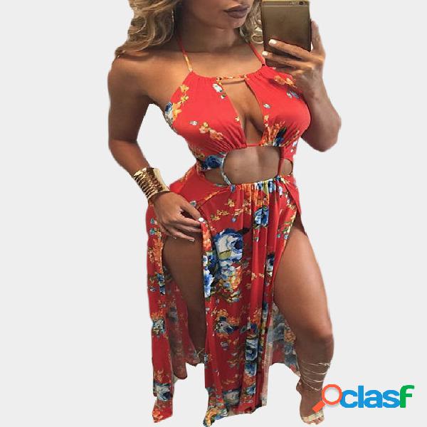 Red Halter-Neck Cutout Hollow Front Slit Random Floral Print