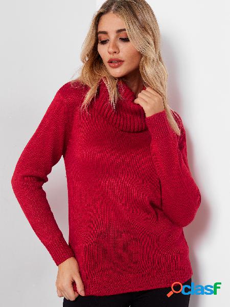 Red Turtleneck Long Sleeves Loose Fit Sweaters