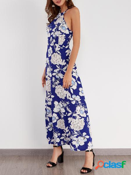 Vacation Random Floral Print Maxi Dress in Navy