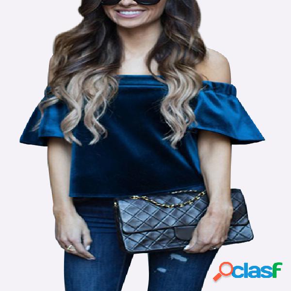 Velvet Off-the-shoulder Crop Top in Blue