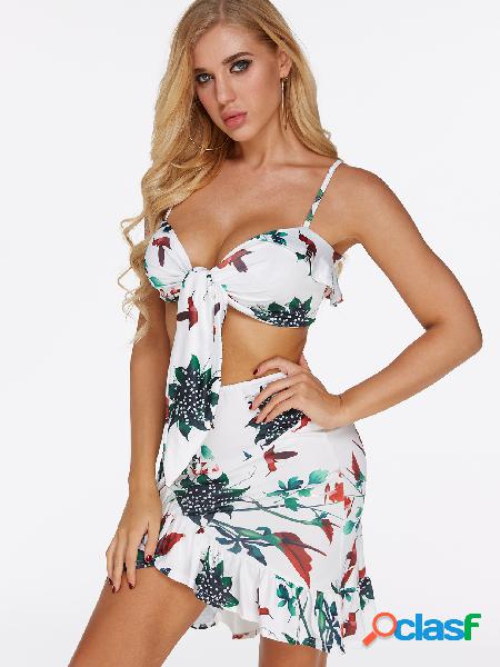 White Floral Print spaghetti Flounced hem Co-ord