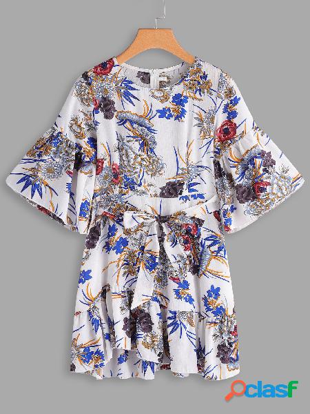 White Random Floral Print Round Neck Half Sleeves Dress