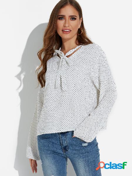 White Self-tie Design Polka Dot Round Neck Long Sleeves
