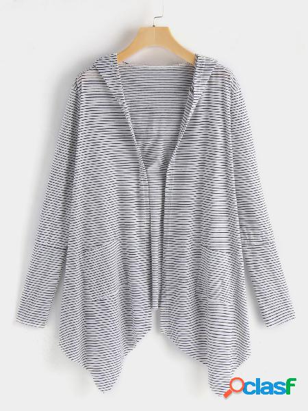 White Side Pockets Stripe Long Sleeves Hooded Cardigans