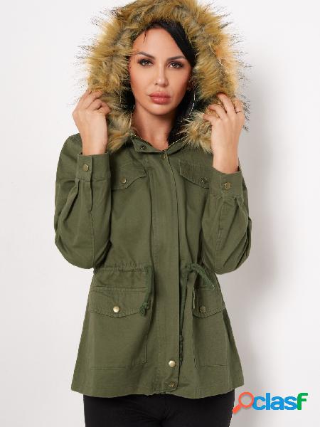 Army Green Long Sleeves Drawstring Waist Jacket With Faux