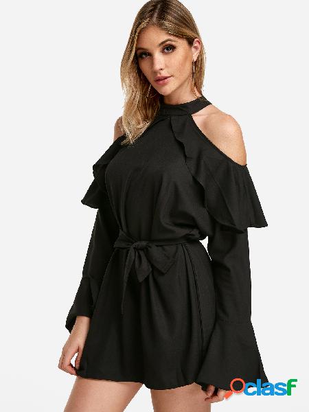 Black Cold Shoulder Halter Self-tie Waist Long Bell Sleeves