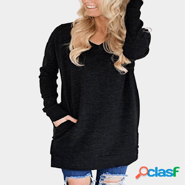 Black Cozy V-neck Long Sleeves Longline Top