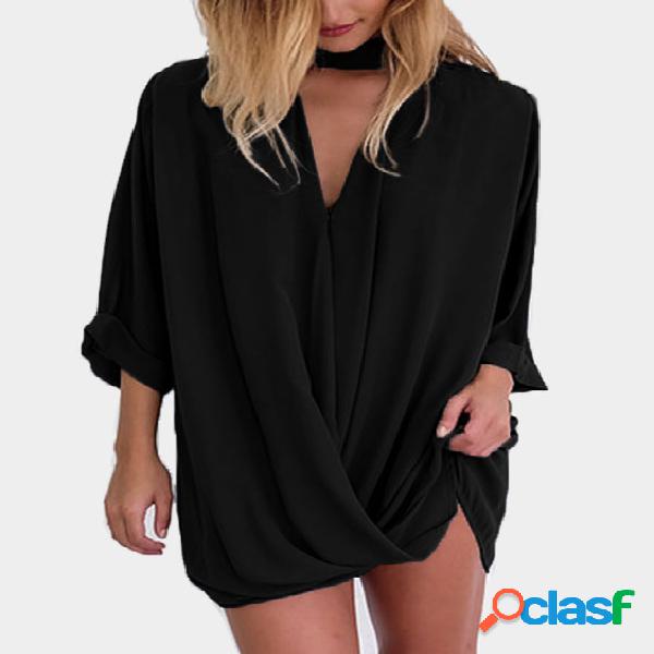 Black Cross Front Semi-sheer V-neck Mini Shirt Dress