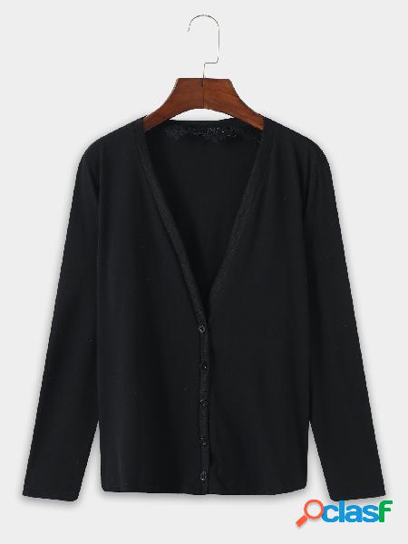 Black Deep V Neck Button Design Long Sleeves Cardigans