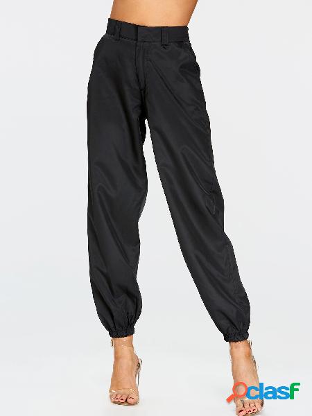 Black Elastic Hem Casual Pants with Chain