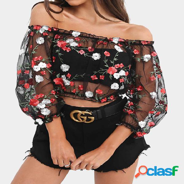 Black Floral Embroidery Mesh Crop Top