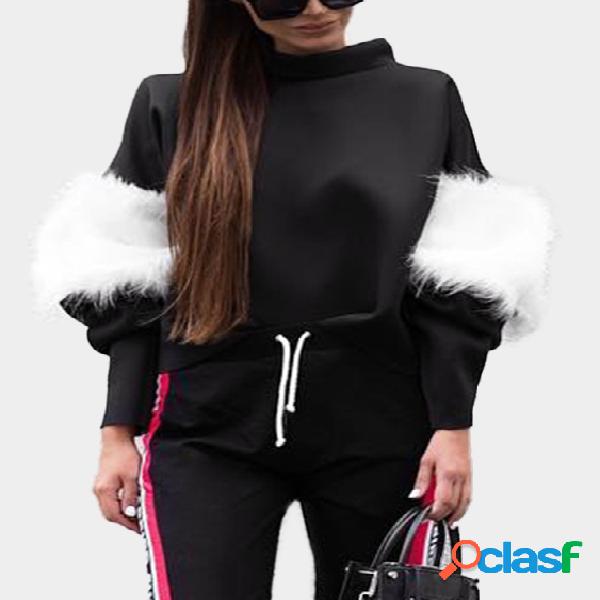 Black Fluff Patchwork Turtleneck Long Sleeves Sweatshirt