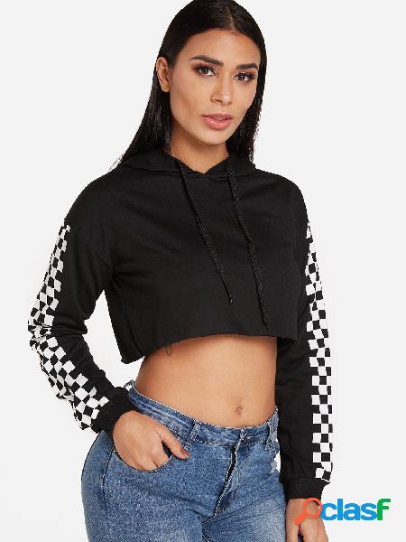 Black Grid Long Sleeves Crop Hoodie