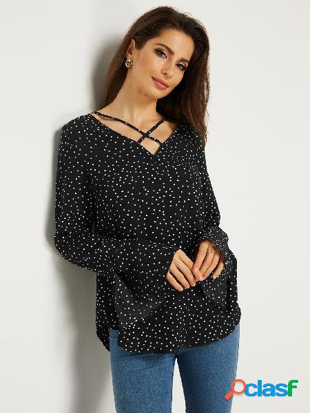 Black Polka Dot V-neck Chiffon Blouses