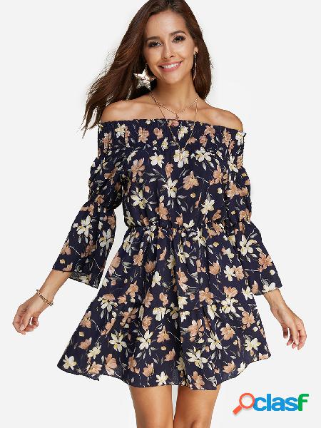 Black Random Floral Print Off Shoulder 3/4 Length Sleeves