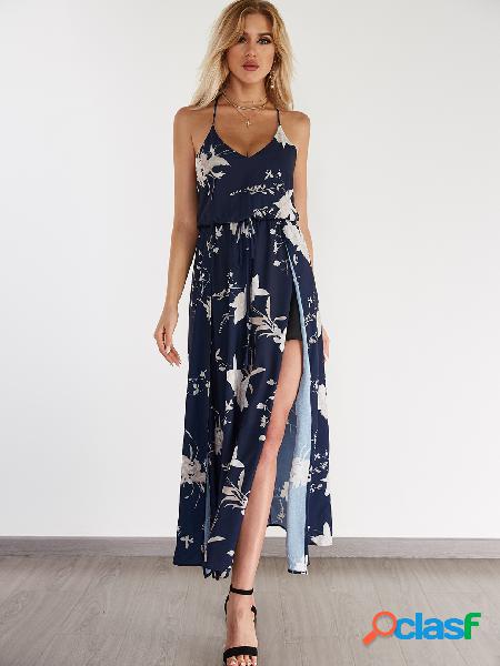 Black Random Floral Print Plunge V-neck & Side Splits Maxi