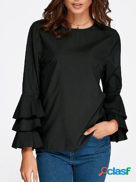 Black Round Neck Flared Sleeves Blouse