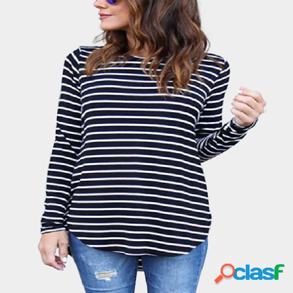 Black Stripe Round Neck Curved Hem Top