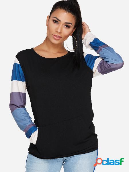 Black Stripe Round Neck Long Sleeves Big Pocket Sweatshirt