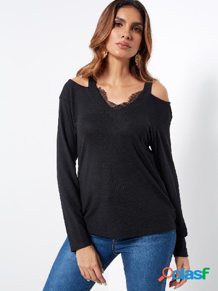 Black V-neck Long Sleeves Cold Shoulder Tee