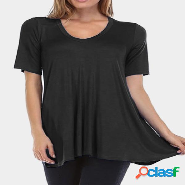 Black V-neck Short Sleeveless Irregular Hem T-shirt