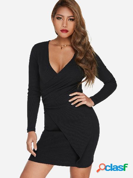 Black Wrap Design Plain Deep V Neck Long Sleeves Dresses