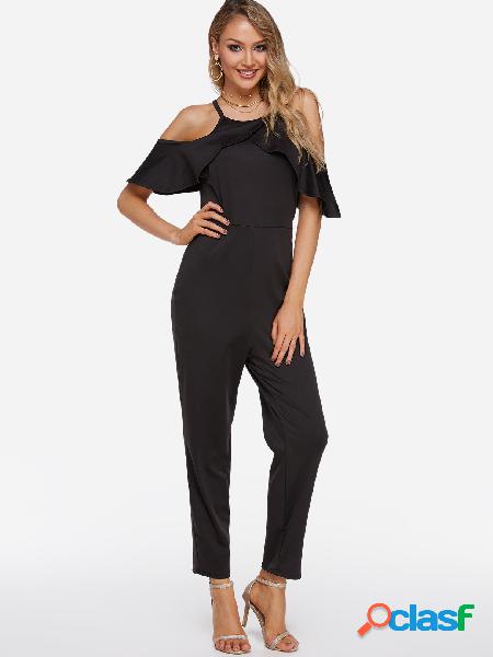 Black Zip Back Design Halter Short Sleeves Jumpsuit