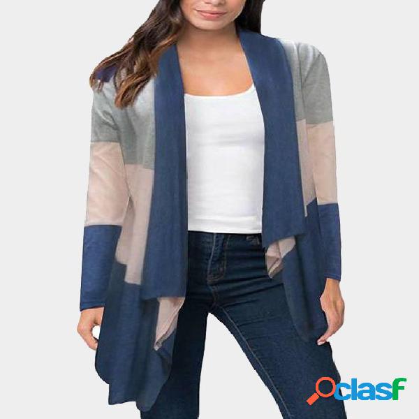 Blue Casual Knitted Irregular Hem Color Block Cardigan