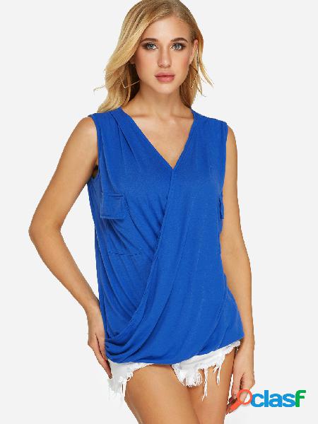 Blue Crossed Front Design V-neck Tank Top