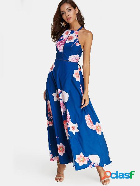Blue Random Floral Print Halter Neck Open Back Slit Maxi