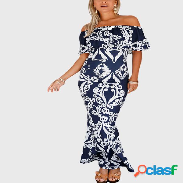 Blue Random Printing Fishtail Dress With Off Shoulder