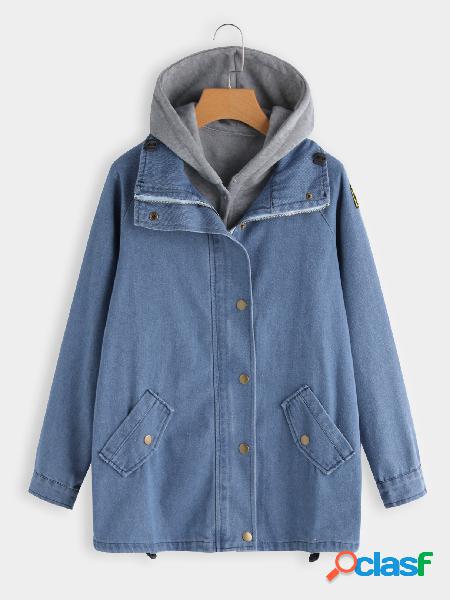 Blue Waistcoat Design Lapel Collar Long Sleeves Hooded Denim