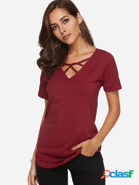 Burgundy Crossed Front V-neck Curved Hem T-shirt