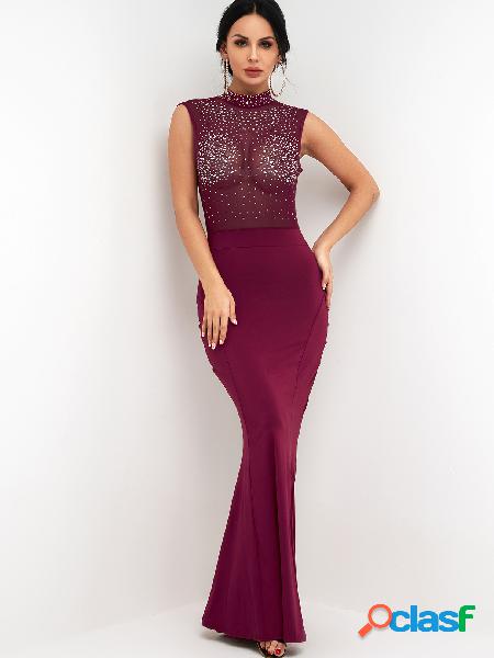 Burgundy Mock Neck Rhinestone Sheer Mesh High-waisted