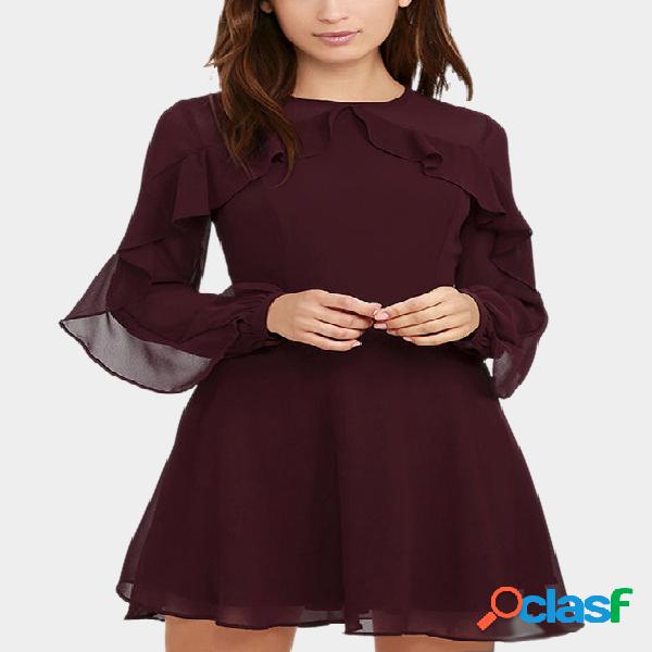 Burgundy See-through Long Sleeves Frilling Details Zip Mini