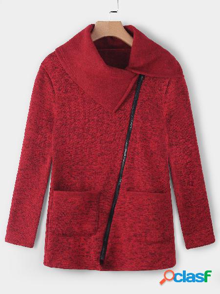 Burgundy Side Pockets & Zip Details Lapel Neck Long Sleeves