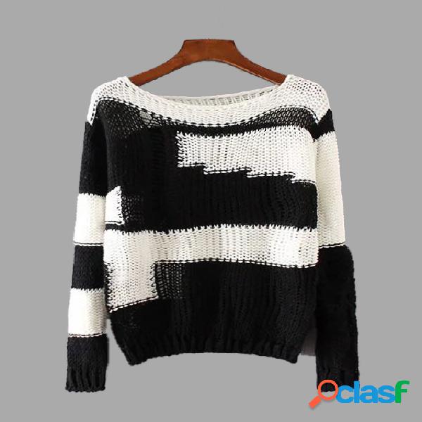 Classic Neck Contrast Color Hollow Out Knit Sweater